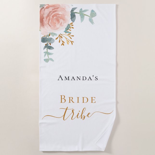 Bride tribe rose gold floral eucalyptus greenery beach towel (Front)