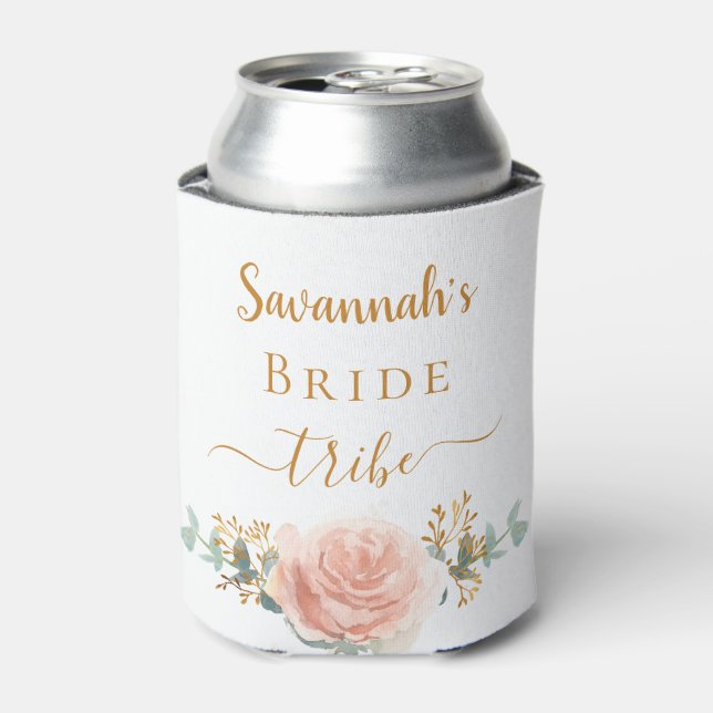 Bride tribe rose gold floral eucalyptus greenery can cooler (Can Front)