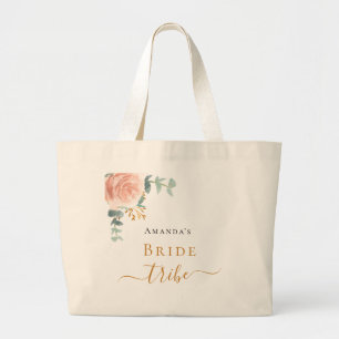 Bride tribe rose gold floral eucalyptus greenery large tote bag