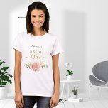 Bride tribe rose gold floral eucalyptus greenery T-Shirt<br><div class="desc">For a bridal shower or a bachelorette spa and wellness weekend. A chic white background. Decorated with a rose gold, blush pink floral, flower (rose)and green watercolored eucalyptus leaves, sprigs, greenery and a faux gold sprig. Personalise and add the name of the bride. Black and golden letters. With the text:...</div>