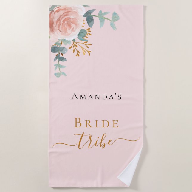 Bride tribe rose gold floral eucalyptus pink beach towel (Front)
