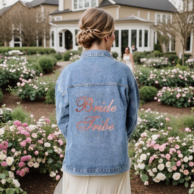 Bride Tribe Rose Gold Pink Calligraphy Bridesmaid  Denim Jacket (Wedding Back)