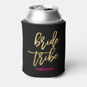Bride Tribe Script Black/Gold/Hot Pink Personalise Can Cooler