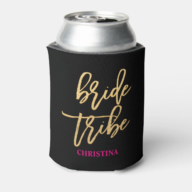 Bride Tribe Script Black/Gold/Hot Pink Personalise Can Cooler (Can Back)