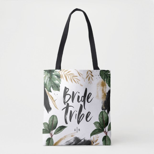 Bride tribe tropical leaf and typography tote bag (Front)