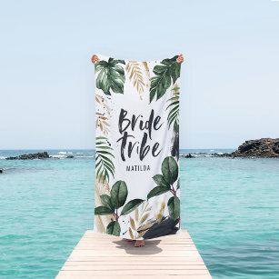 Bride tribe tropical leaf & typography beach towel