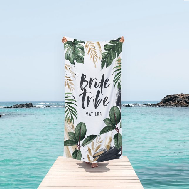 Bride tribe tropical leaf & typography beach towel (Creator Uploaded)