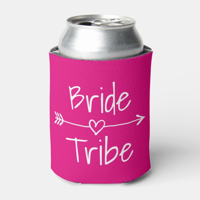 Bride Tribe wedding party neon pink can coolers (Can Front)