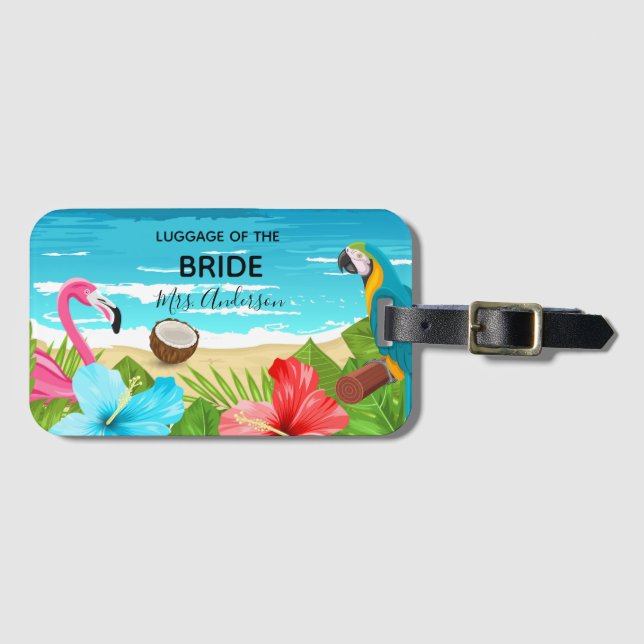 Bride tropical honeymoon beach flamingo sea luggage tag (Front Horizontal)