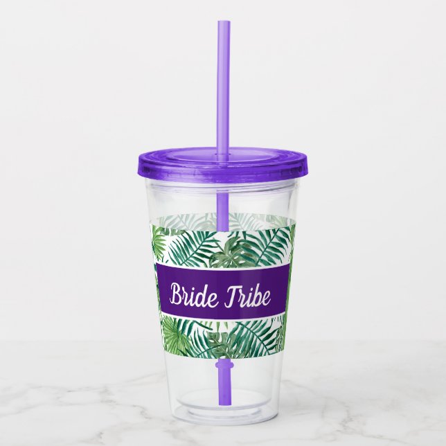 Bride Tropical Palm Leaf Bachelorette Party Purple Acrylic Tumbler (Front)