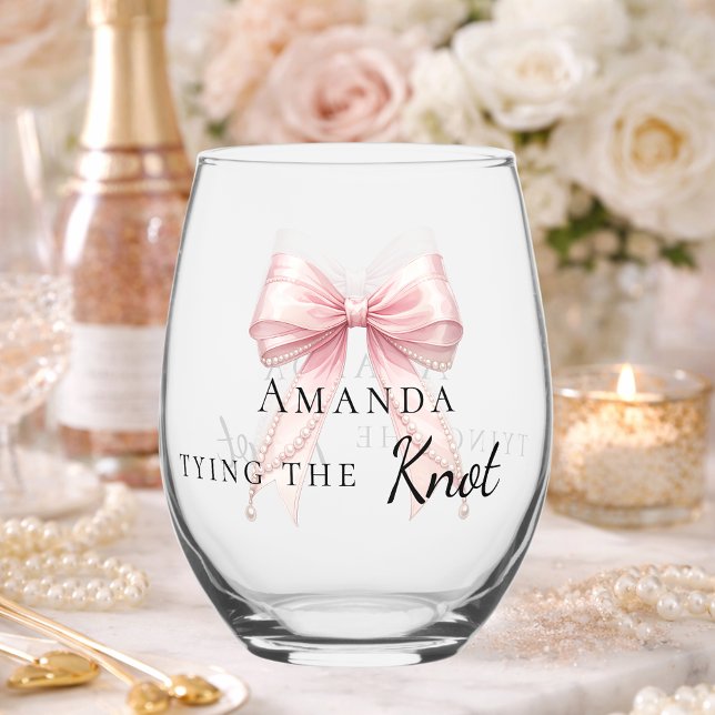 Bride tying the knot pink bow Bachelorette Stemless Wine Glass (Creator Uploaded)