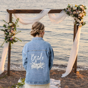 Bride typography and peony floral bouquet wedding denim jacket
