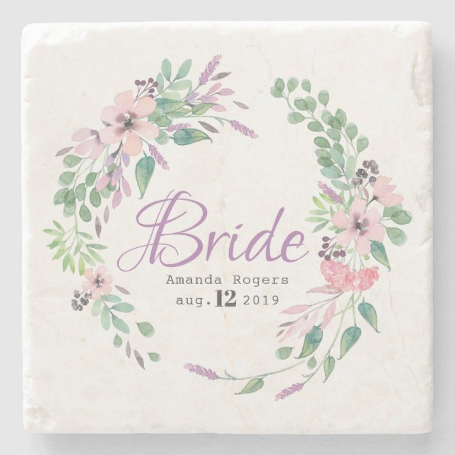 Bride Typography Colourful Spellbound Floral Wreat Stone Coaster (Front)