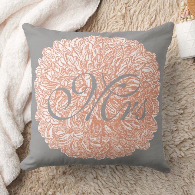Bride Vintage Floral Chrysanthemum Grey Peach Cushion (Blanket)
