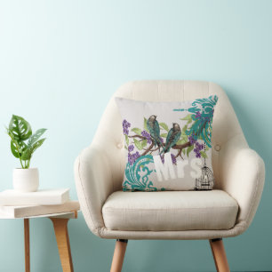 Bride Vintage Teal Birds Birdcage & Purple Blooms Cushion