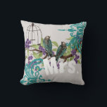 Bride Vintage Teal Birds Birdcage & Purple Blooms Cushion<br><div class="desc">You Personalise this Pillow - Beautiful Vintage Birds sitting in a Tree - so cute and romantic with Birdcage Customise  to say anything you like or use the existing Mrs. for The Bride - Matching Wedding Invitations</div>