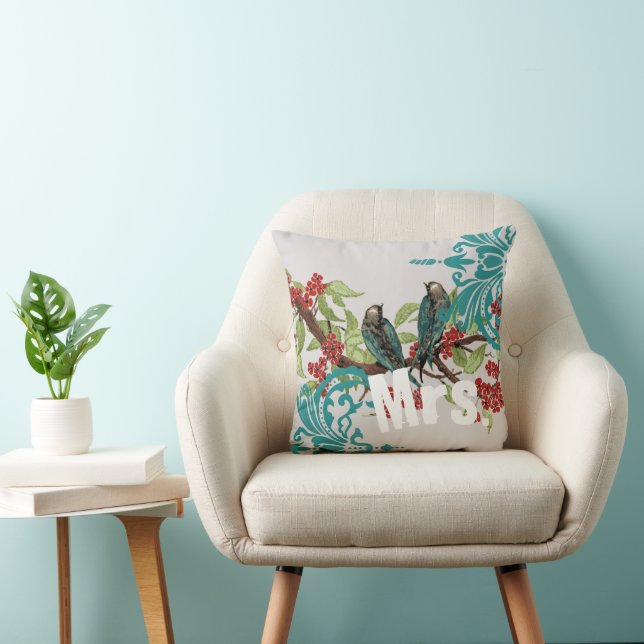 Bride Vintage Teal Birds Damask & Crimson Blooms Cushion (Chair)