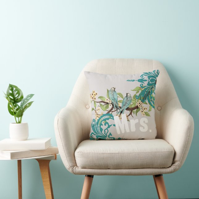 Bride Vintage Teal Birds Damask & Yellow Blooms Cushion (Chair)