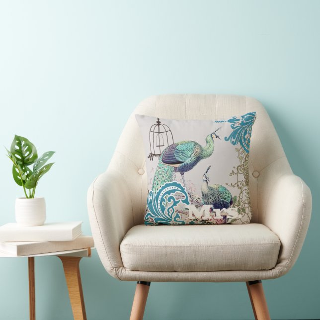 Bride Vintage Teal Damask Peacock Birdcage Vines Cushion (Chair)