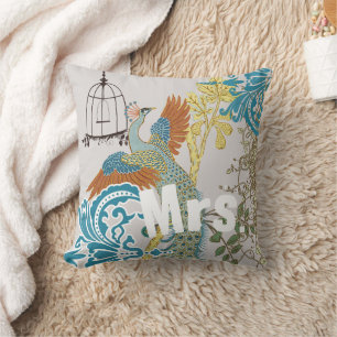 Bride Vintage Teal Damask Peacock Birdcage Vines Cushion