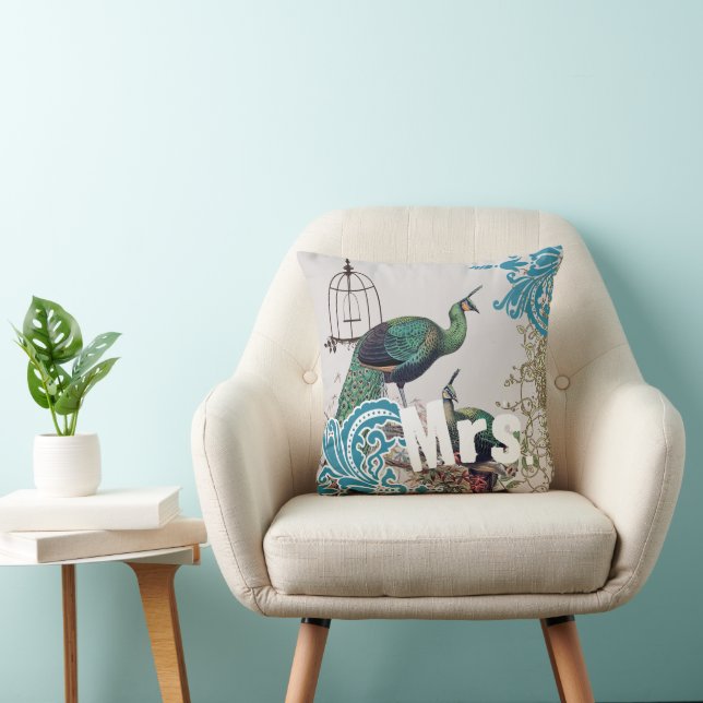 Bride Vintage Teal Damask Peacock Birdcage Vines Cushion (Chair)