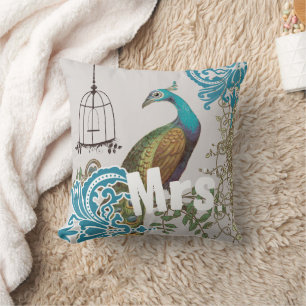 Bride Vintage Teal Damask Peacock Birdcage Vines Cushion
