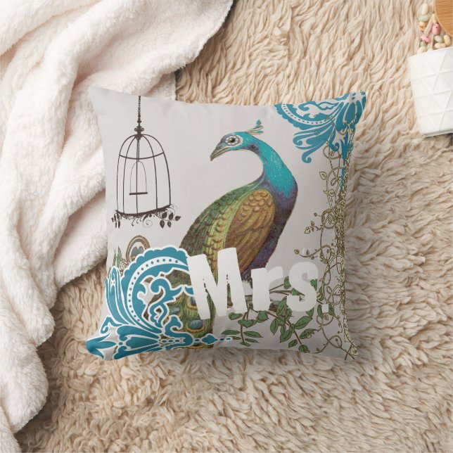 Bride Vintage Teal Damask Peacock Birdcage Vines Cushion (Blanket)