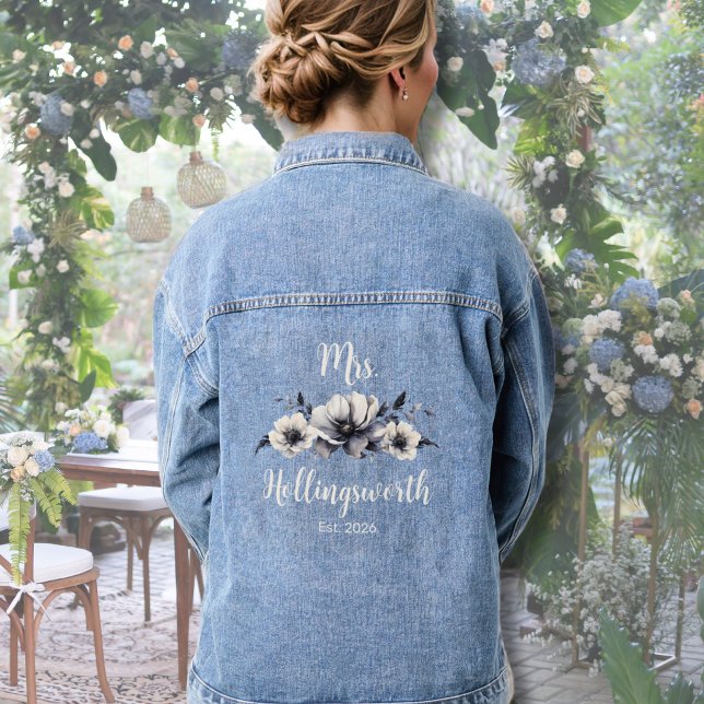 Bride Watercolor Boho Rustic Floral Denim Denim Jacket (Cute Trendy Floral Wedding Black White Mrs Bride Denim Jacket)