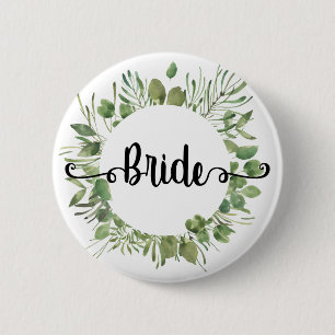 Bride watercolor botanical leaf wreath Calligraphy 6 Cm Round Badge