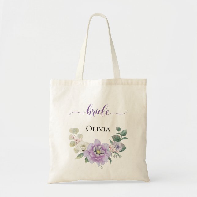 Bride Watercolor Floral Peony Lavender Tote Bag (Front)