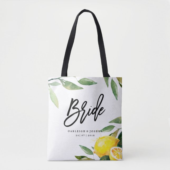 Bride Watercolor Lemon Bohemian Wedding Tote Bag (Front)