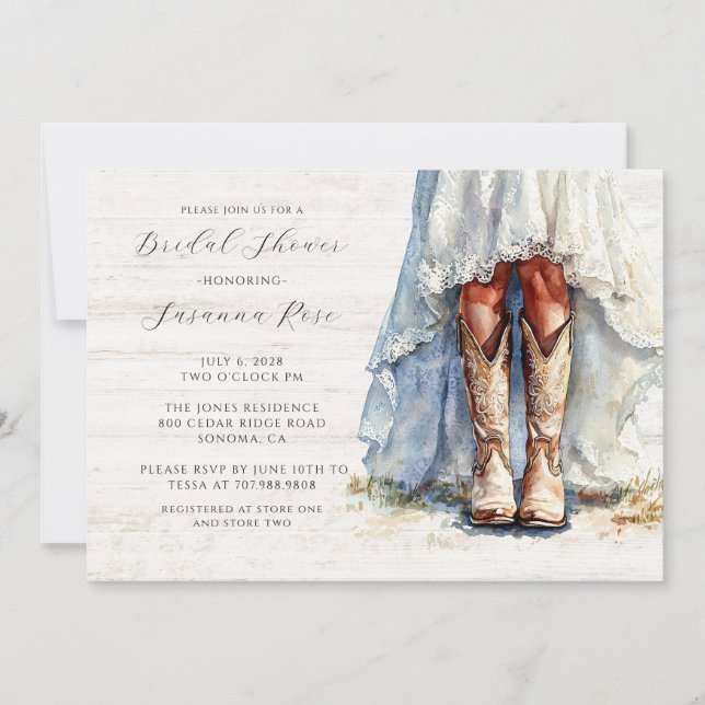 Bride Wedding Dress Cowgirl Boots Bridal Shower Invitation (Front)