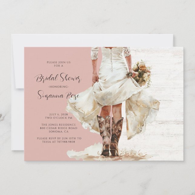 Bride Wedding Dress Cowgirl Boots Bridal Shower Invitation (Front)
