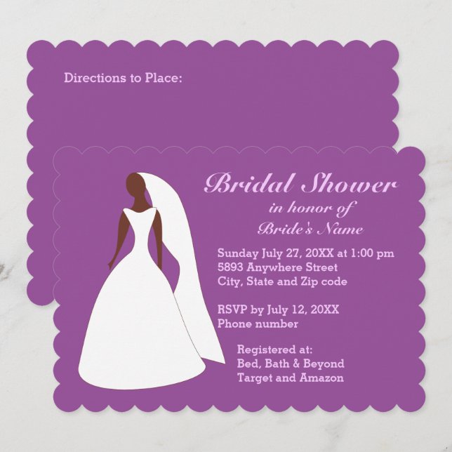 Bride Wedding Gown Purple Bridal Shower Invitation (Front/Back)