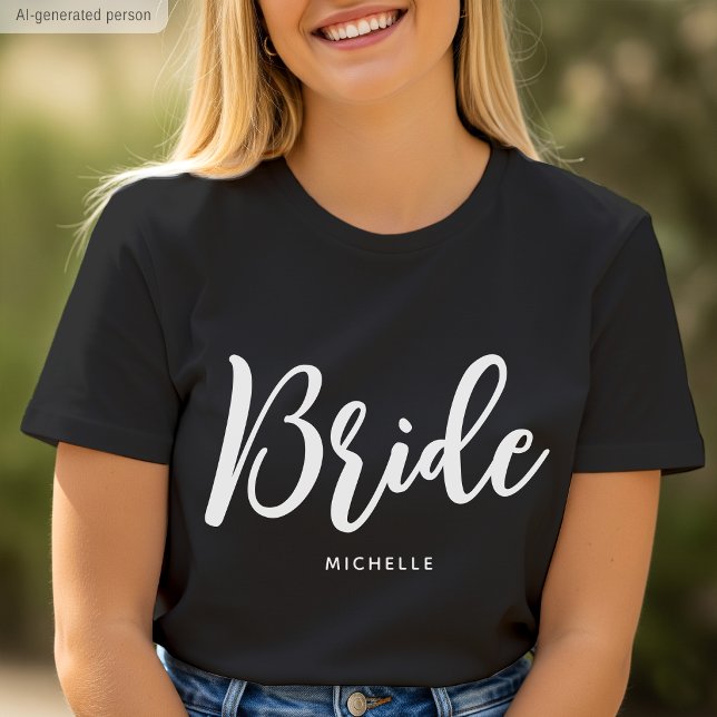 Bride Wedding Personalised Name Black White T-Shirt (Creator Uploaded)