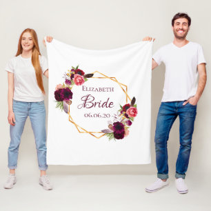 Bride white floral gold geometric wedding name fleece blanket