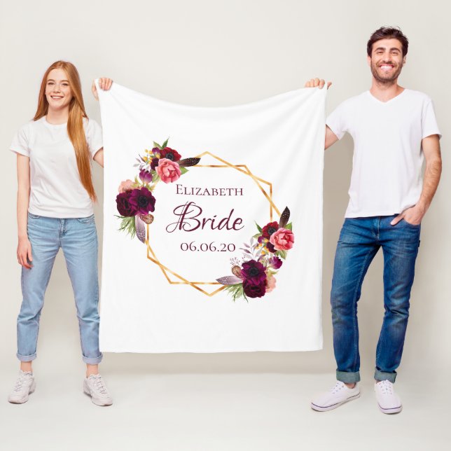 Bride white floral gold geometric wedding name fleece blanket (In Situ)