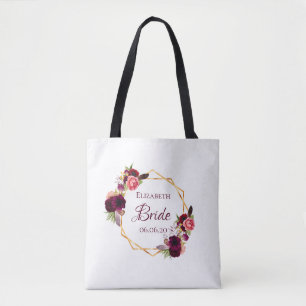 Bride white floral gold geometric wedding name tote bag