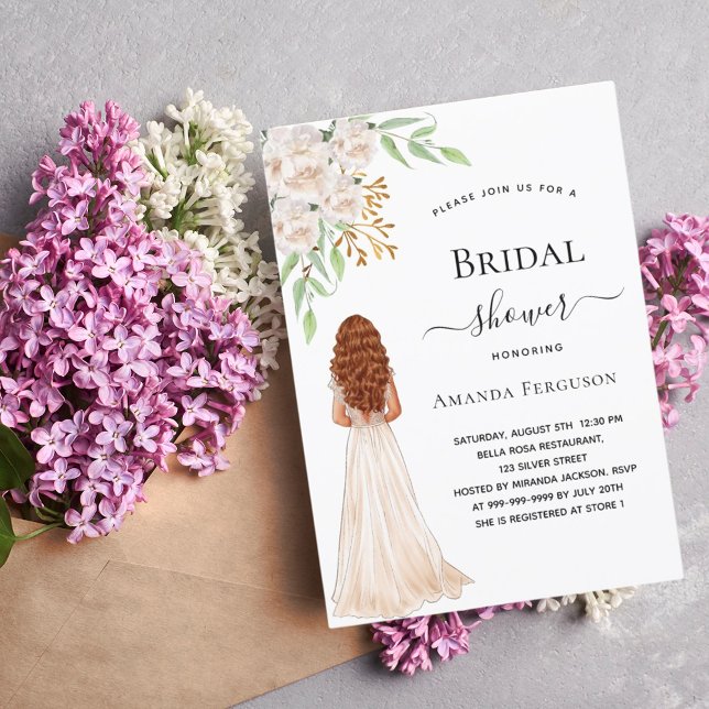 Bride white florals green dress bridal shower invitation (Creator Uploaded)