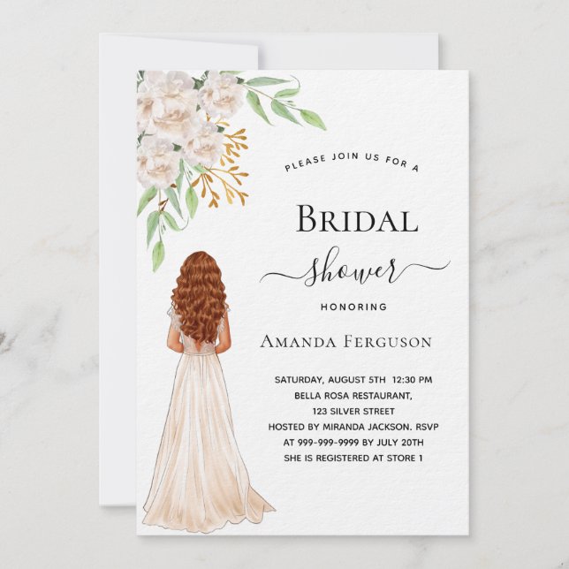 Bride white florals green luxury bridal shower invitation (Front)