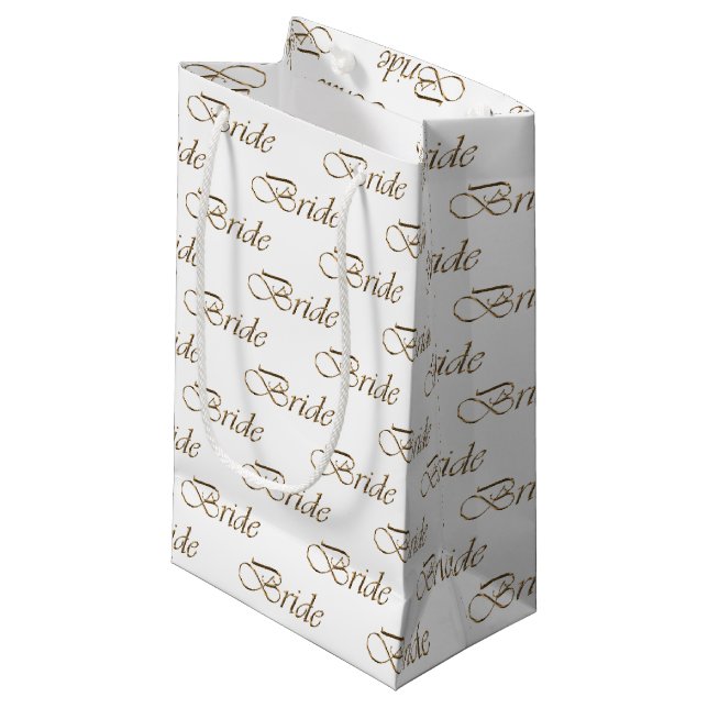 Bride white gold elegant calligraphy pattern small gift bag (Front Angled)