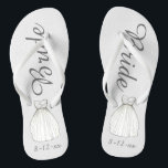 BRIDE White Princess Wedding Dress Gown Flip Flops<br><div class="desc">Flip flops feature an original marker illustration of a pretty white wedding dress, with BRIDE in a fun font. Great little gift for the bride! Simply personalise with the date of your event. Coordinating designs available for other bridal party members. Designer is available to create and upload custom designs to...</div>