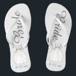 BRIDE White Princess Wedding Dress Gown Flip Flops<br><div class="desc">Flip flops feature an original marker illustration of a pretty white wedding dress, with BRIDE in a fun font. Great little gift for the bride! Simply personalise with the date of your event. Coordinating designs available for other bridal party members. Designer is available to create and upload custom designs to...</div>