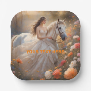 Bride & White Stallion Horse Standing in a Meadow Paper Plate