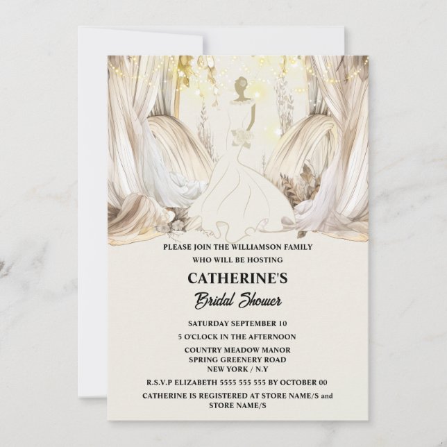 Bride white wedding dress string lights drapes invitation (Front)