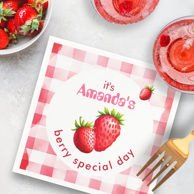 Bride's Berry Special Day Strawberry Retro Gingham Napkin (Brides berry special day bachelorette hen party tableware decor strawberry cocktail brunch country)