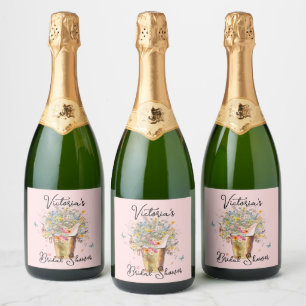 Bride's Huge Wildflower Bouquet Bridal Shower Sparkling Wine Label