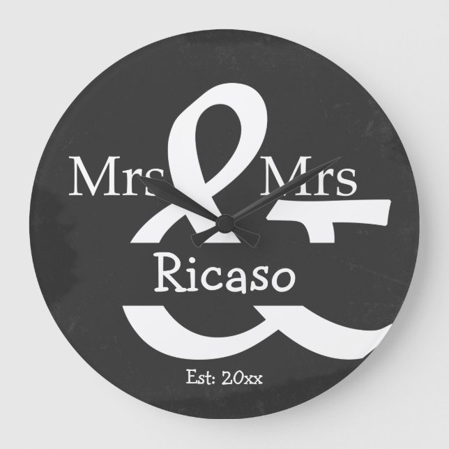 Brides Mrs And Mrs Personalized Faux Chalkboard Large Clock (Front)