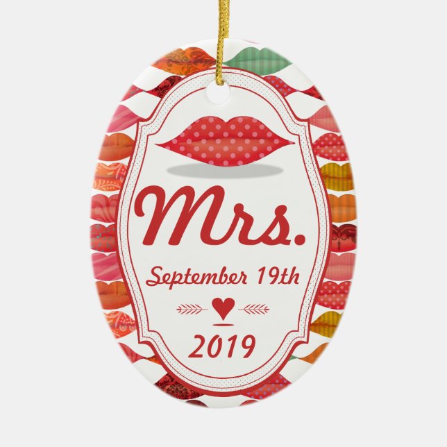 Bride's Mrs. Keepsake with Date Ceramic Tree Decoration (Front)