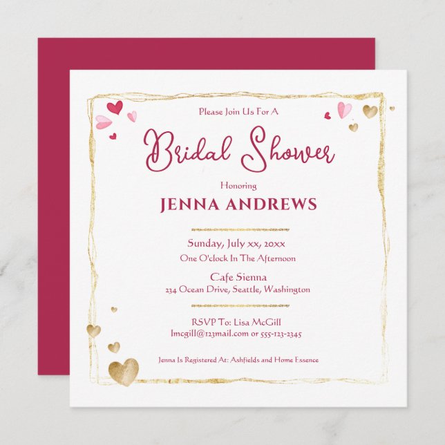 Bride's Name, Elegant Gold and Red Invitation (Front/Back)